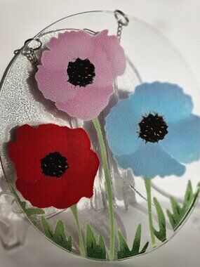 Decorative fusion art glass, hanging flat plate w poppies - 8x7